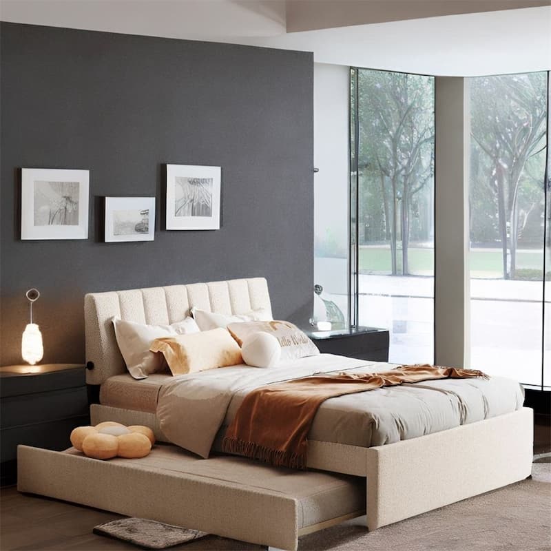 Full Size Upholstered Platform Bed with Trundle and LED Bed Frame