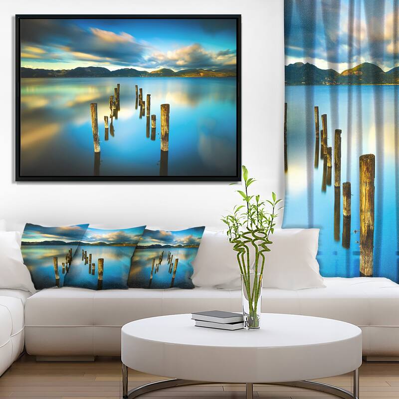 Designart "Cloudy Lake with Broken Pier" Seascape Framed Canvas Art Print