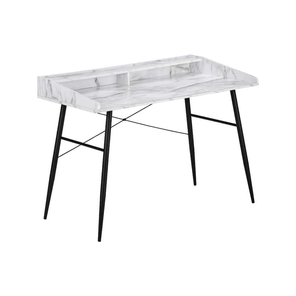 Computer Desk, Home Office, Laptop, Storage Shelves, 48"l, Work, White Marble Look Laminate, Black Metal, Contemporary, Modern