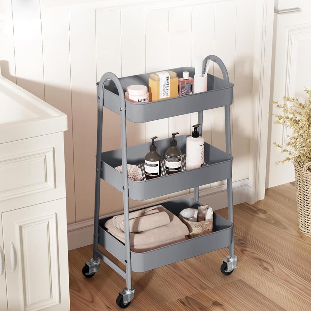 3 Tier Utility Rolling Cart, Metal Storage Cart, Storage Organizer Trolley for Kitchen, Living Room, Office, Garage