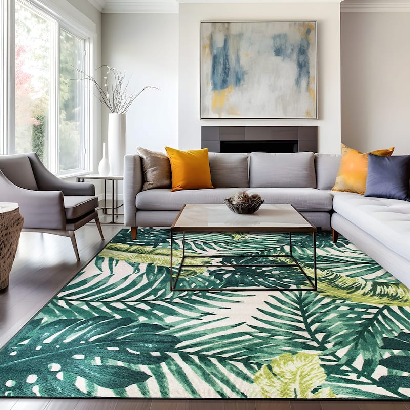 Contemporary Tropical Floral Leaves Non Slip Area Rug