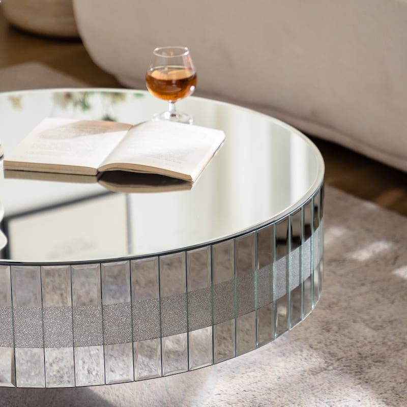 30.9" Round Silver Mirrored Coffee Table with Crushed Diamond Inlays & Crystal Edge, Modern Luxury Center Table for Living Room