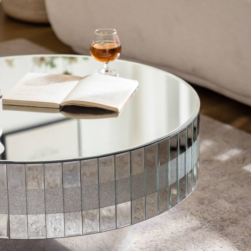 30.91" Round Mirrored Coffee Table - Bling Crushed Diamond Frame, Luxury Decor