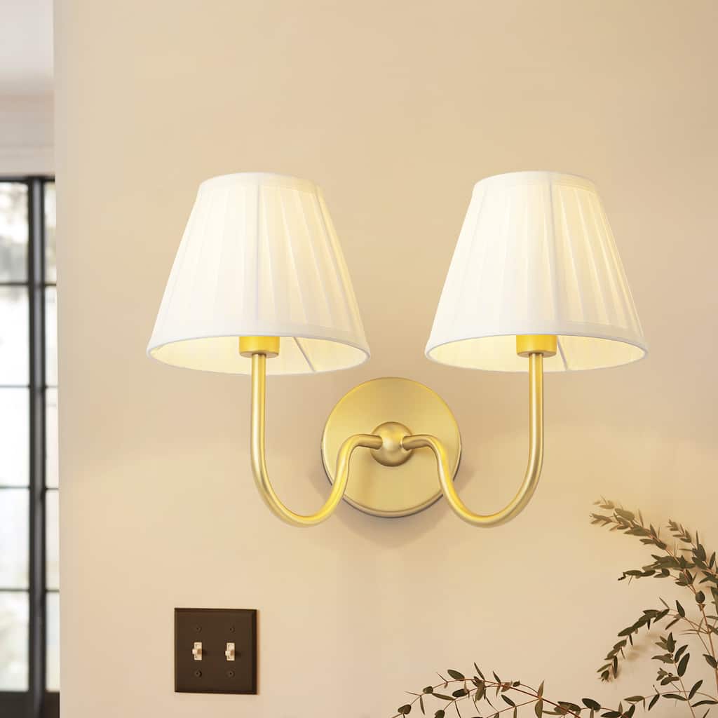 Rennnsan 1/2-Light Modern Farmhouse Brushed Gold Wall Sconce with Pleated Fabric Shades