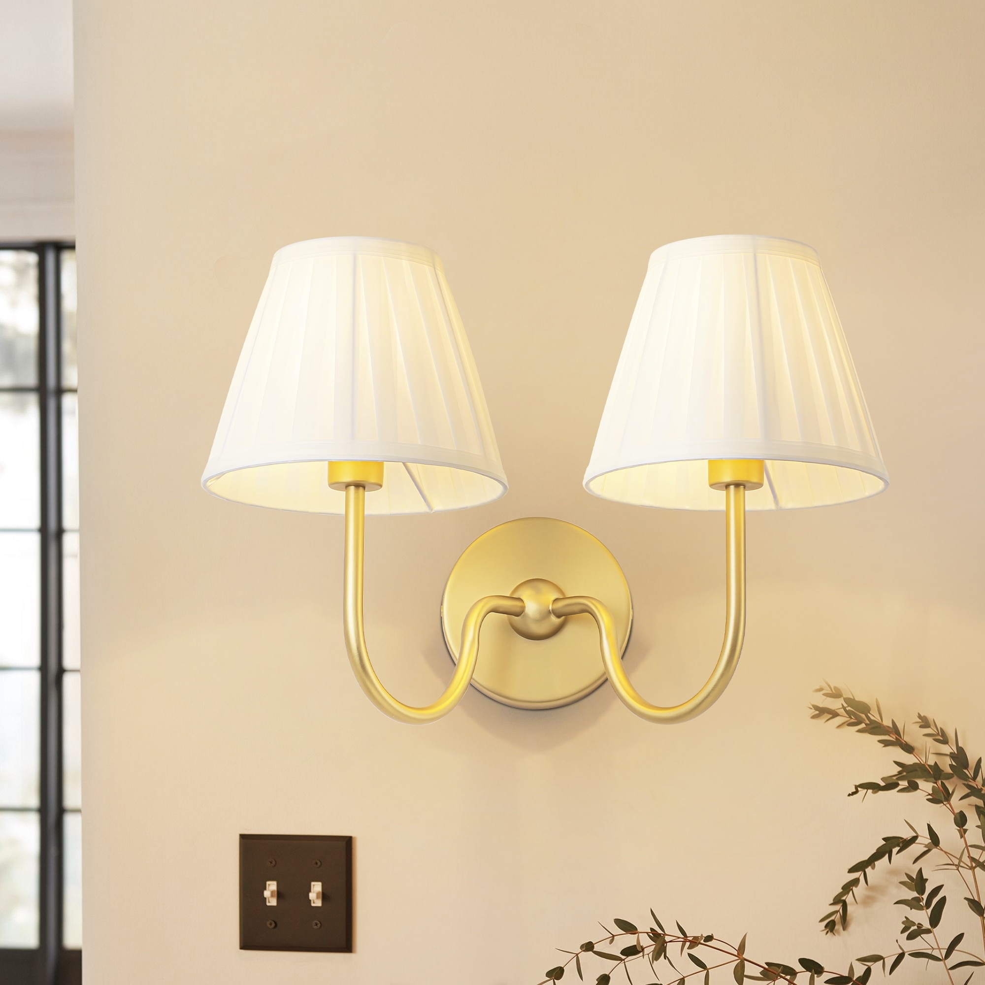 Rennnsan 1/2-Light Modern Farmhouse Brushed Gold Wall Sconce with Pleated Fabric Shades