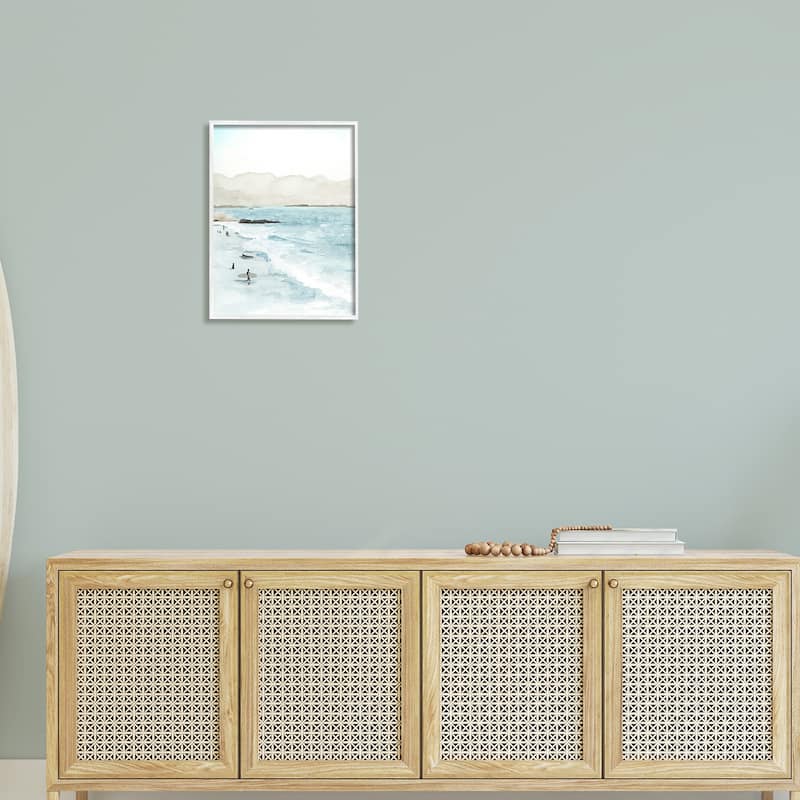 Stupell Surfing Shoreline Sea Waves Foggy Mountains Framed Wall Art, Design by Grace Popp - Blue