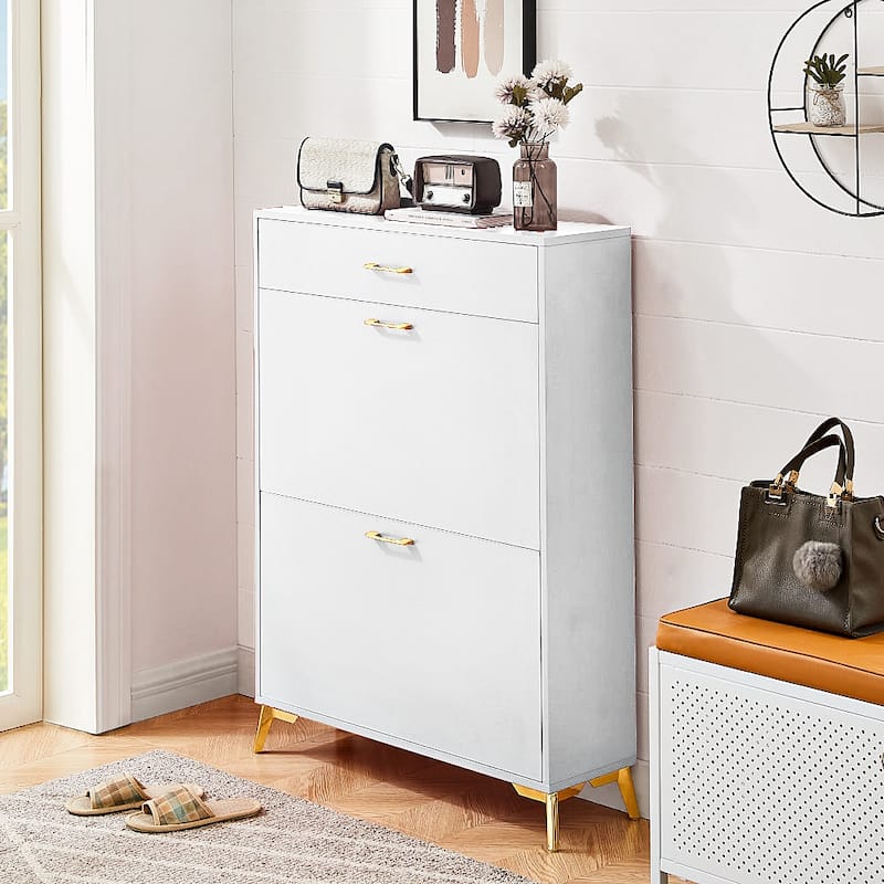 Entryway Wood Shoe Storage Cabinet-2 Tire Drawers-Up to 16 Pairs Shoes