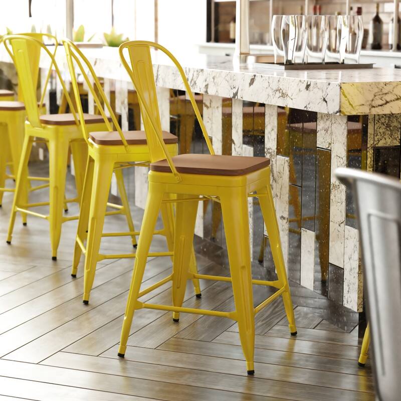 All-Weather Commercial Counter Stool with Removable Back & Poly Resin Seat - Yellow/Teak