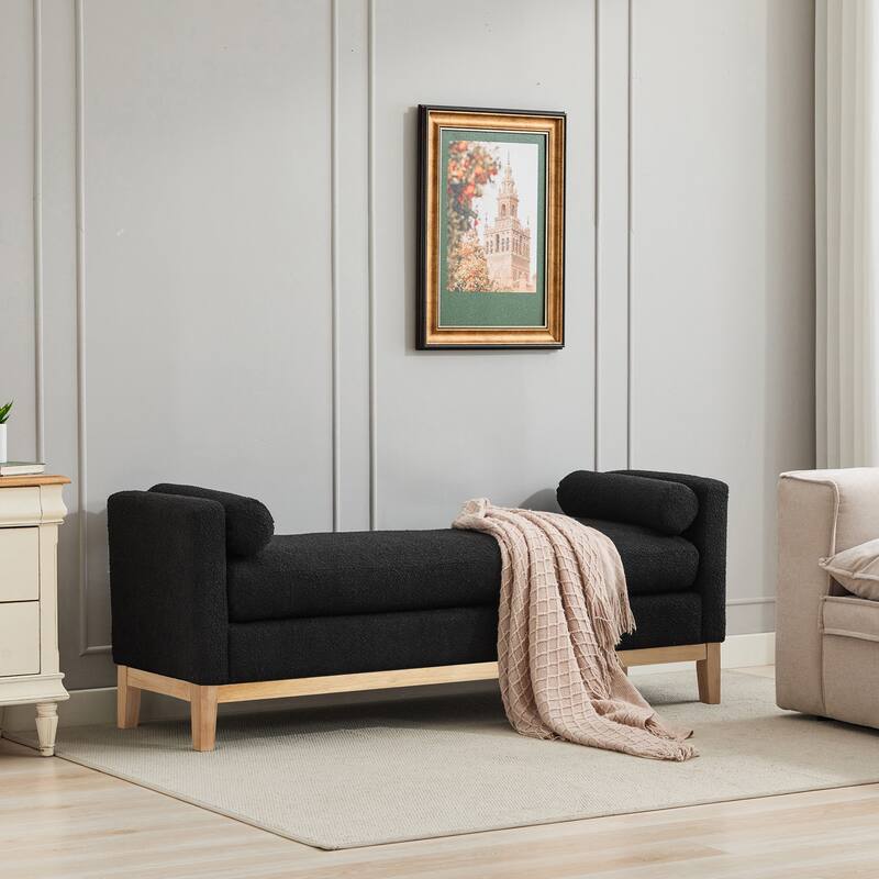 66 Inch End of Bed Bench, Upholstered Ottoman Bench with Wood Legs, Elegant Ottoman with Bolster Pillows for Bedroom