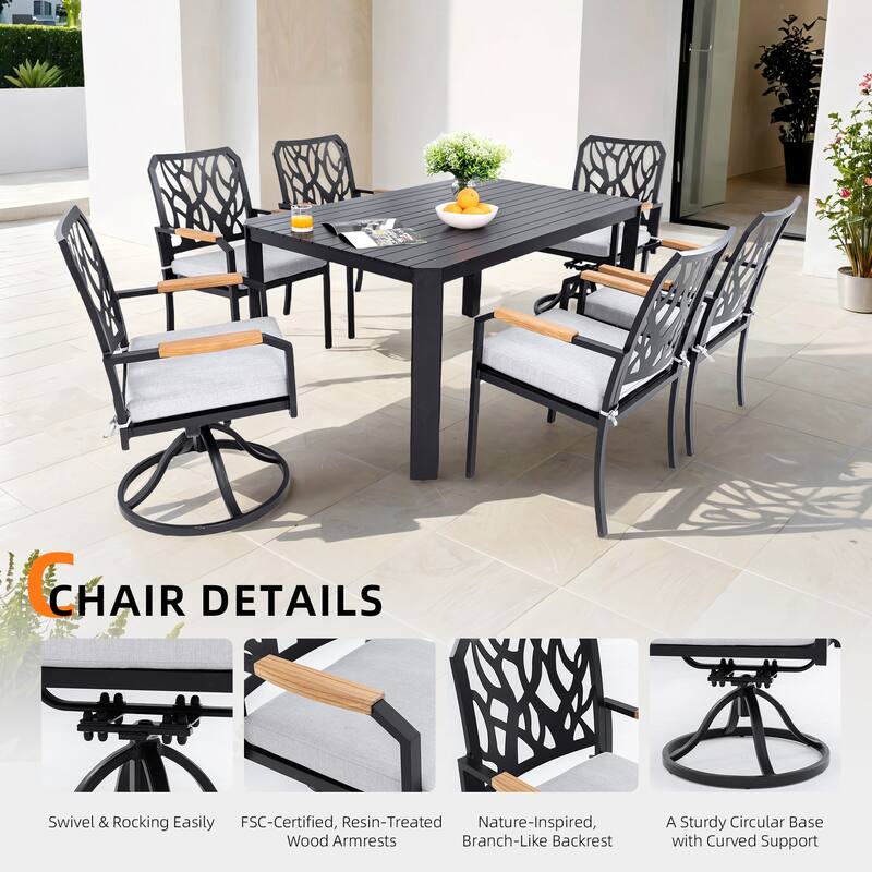 7PC Outdoor Aluminum Dining Furniture Set with 4 Dining Chairs and 2 Swivel Rockers, Rectangular Dining Table with Umbrella Hole
