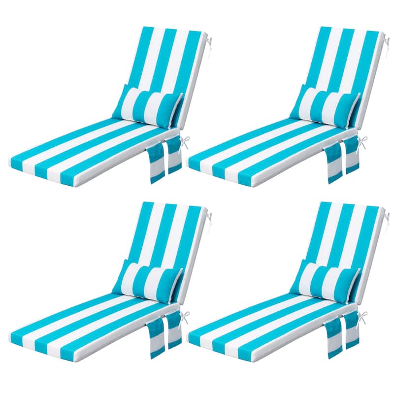 Outdoor Patio Chaise Lounge Chair Seat Cushions with Pillow - Blue&White - 4PC - 72 inches long