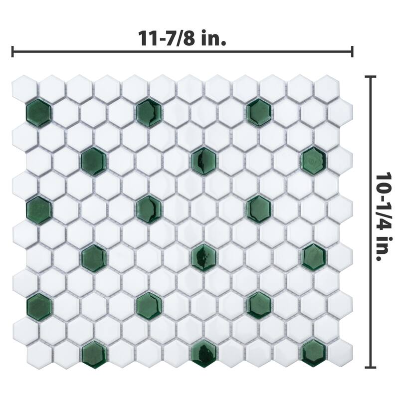 Merola Tile Metro Ion 1" Hex Emerald Dot w/Glossy White 10-1/4" x 11-7/8" Porcelain Mosaic Floor and Wall Tile