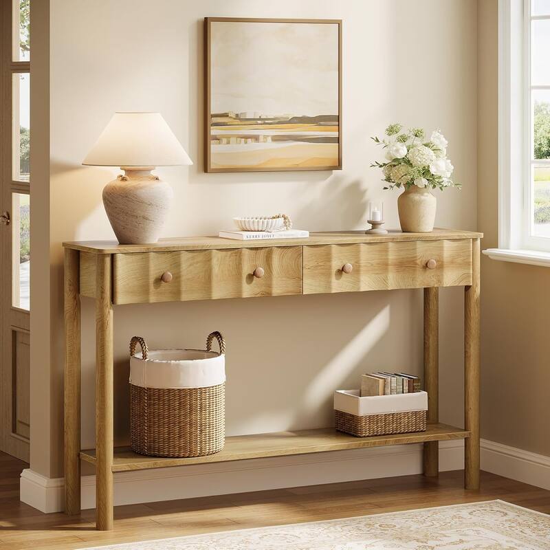 Console Tables for Entryway, 55-Inch Modern Sofa Table with 2 Drawers, Open Shelf - 55.11" L x 13.7" W x 35.43" H