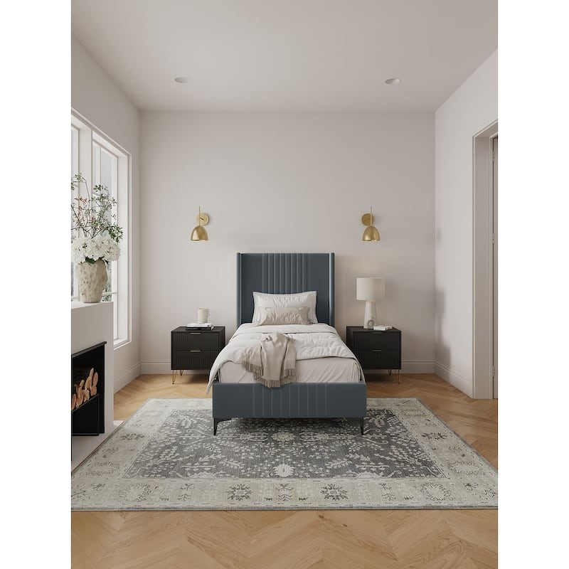 Manhattan Comfort Promenade Mid-Century Modern Velvet Upholstered Bed - Grey - Twin