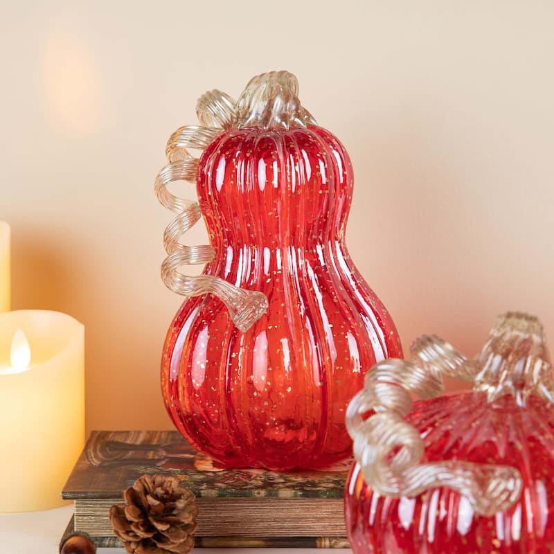 Glitzhome Set of 3 Fall Harvest Red Glass Pumpkin & Gourd with Glitter Thanksgiving Decorating