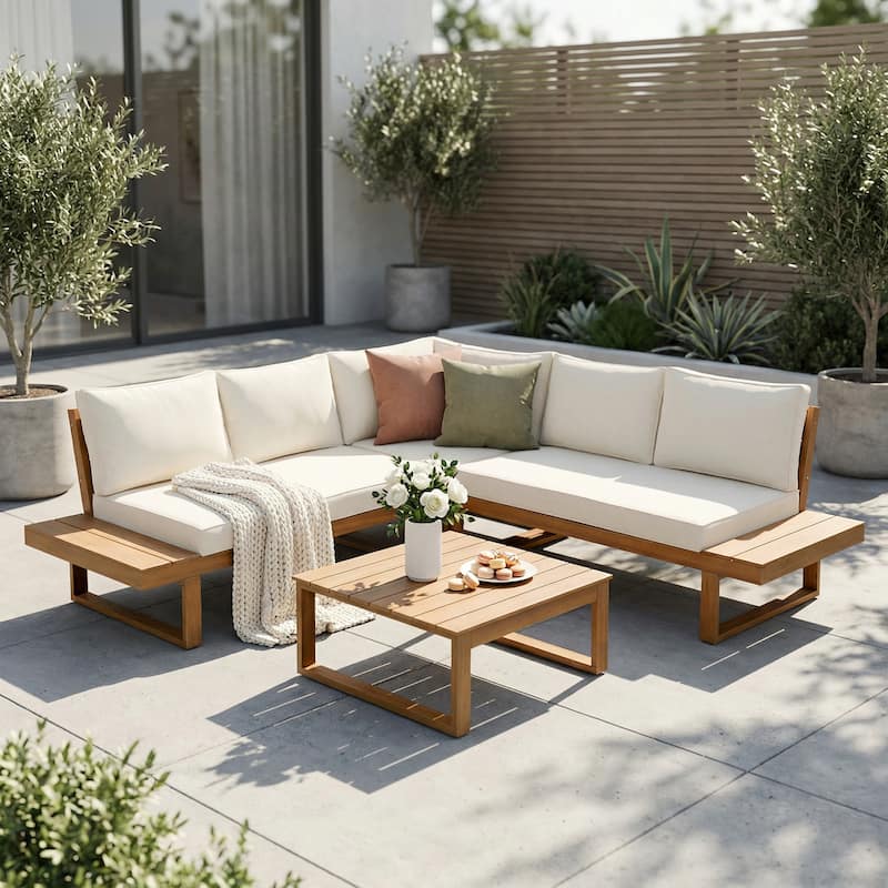 Outdoor 4 pieces V-Shaped Acacia Wood Sectional Sofa Set - White