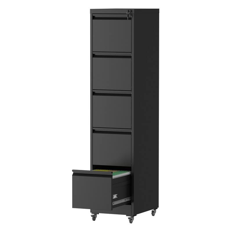 5 Drawer Metal Vertical File Cabinet with Wheels, Home Office Metal Storage Cabinet with Anti-Tilt & Locking Drawers