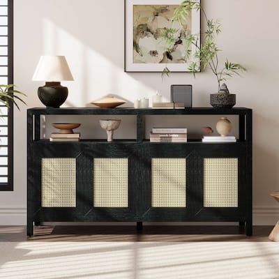 Bohemian Rattan Self Storage Cabinet with Solid Wood Frame