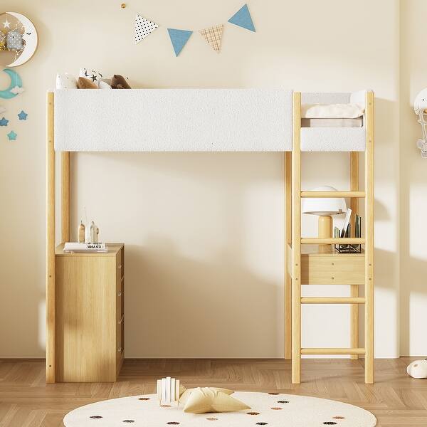 slide 2 of 60, Twin Size Teddy Fleece Loft Bed Wood Bed with Shelf, Drawers and Desk Natural