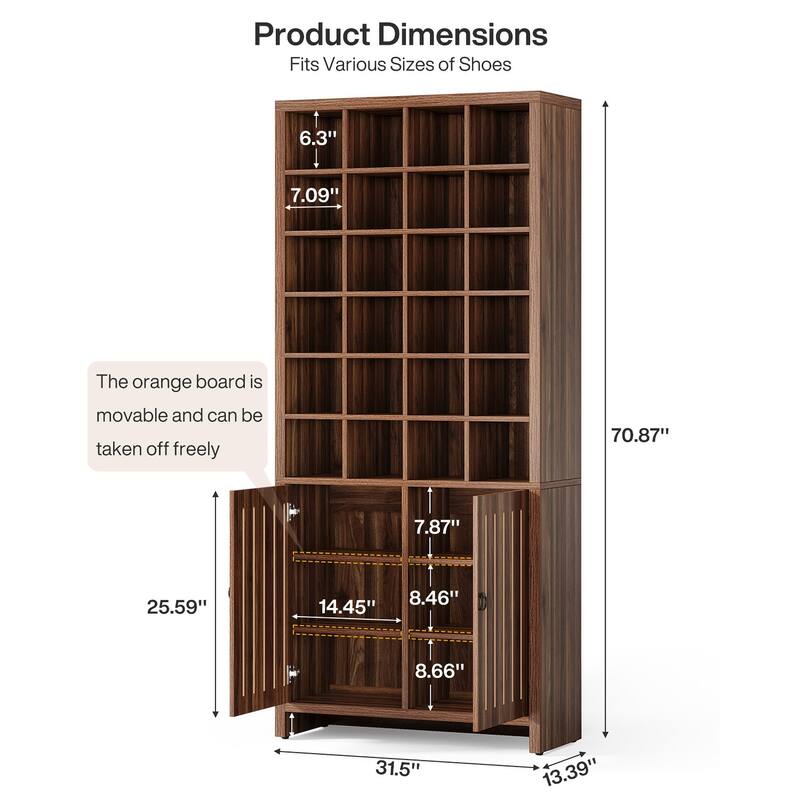 70.9" Tall Shoe Storage Cabinet with Doors and 24 Cubbies