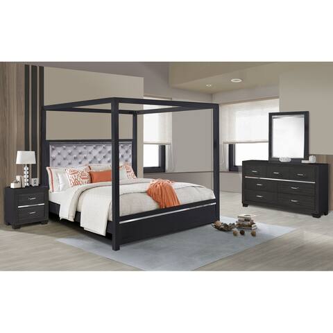 Canopy Glam Queen Bedroom Set with Tufted Headboard & LED Lights