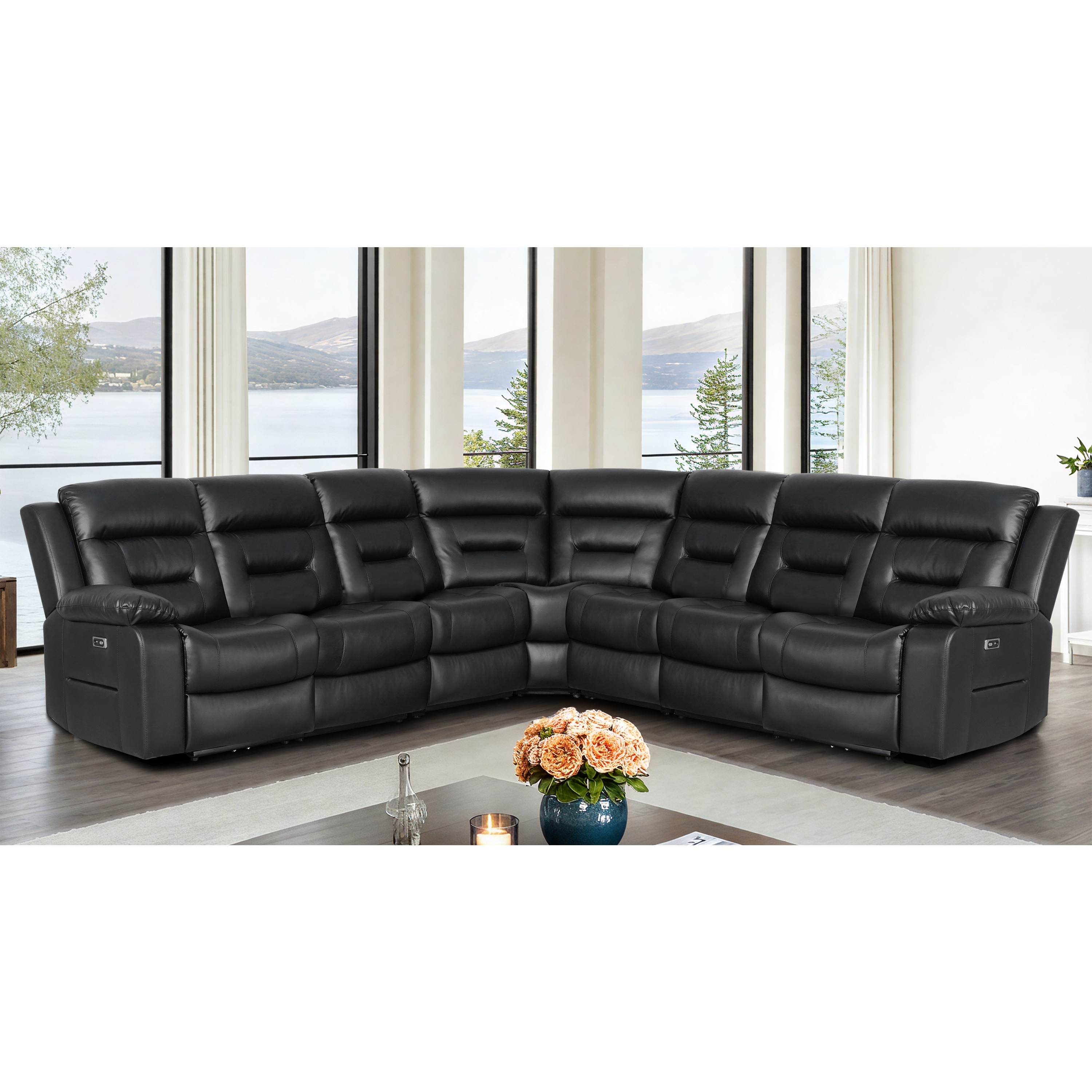119'' Faux Leather Power Recliner 7-Seat Large Sectional Reclining Sofa with USB Port
