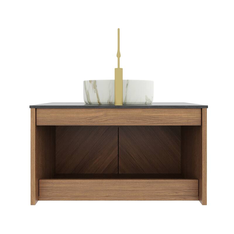 30" Bathroom Vanity Sink, Floating Plywood Bathroom Storage Cabinet with 2 Doors, Sintered Stone Countertop Round Ceramic Basin