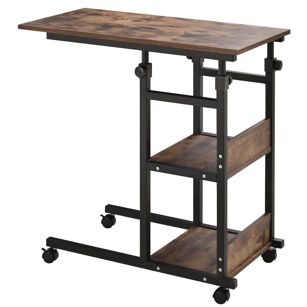 C-Shaped Mobile Rolling Side Table with Shelves and Adjustable Height
