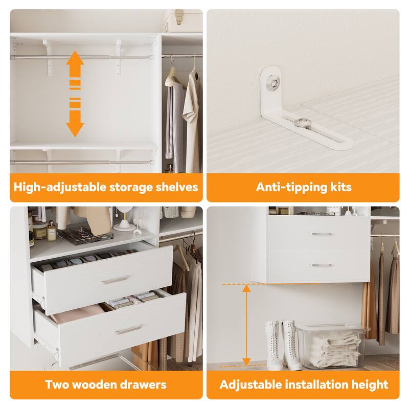Closet System with 2 Sets, 154'' Walk-in Closet Organizer System with 2 Drawers & 8 Hanging Rods & 6 Reversible Shelf Towers