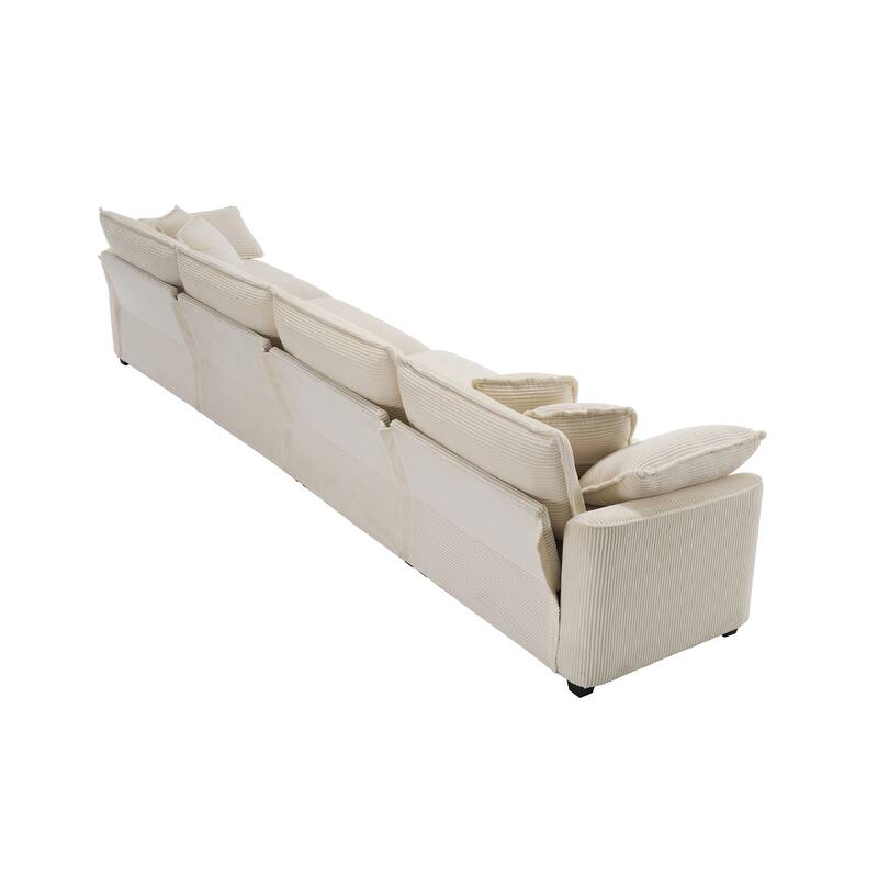 Beige 150" Corduroy Cloud Upholstered 4-seater Modular Sectional Sofa with 6 Pillows, Double Cushion Seat, Free Combination