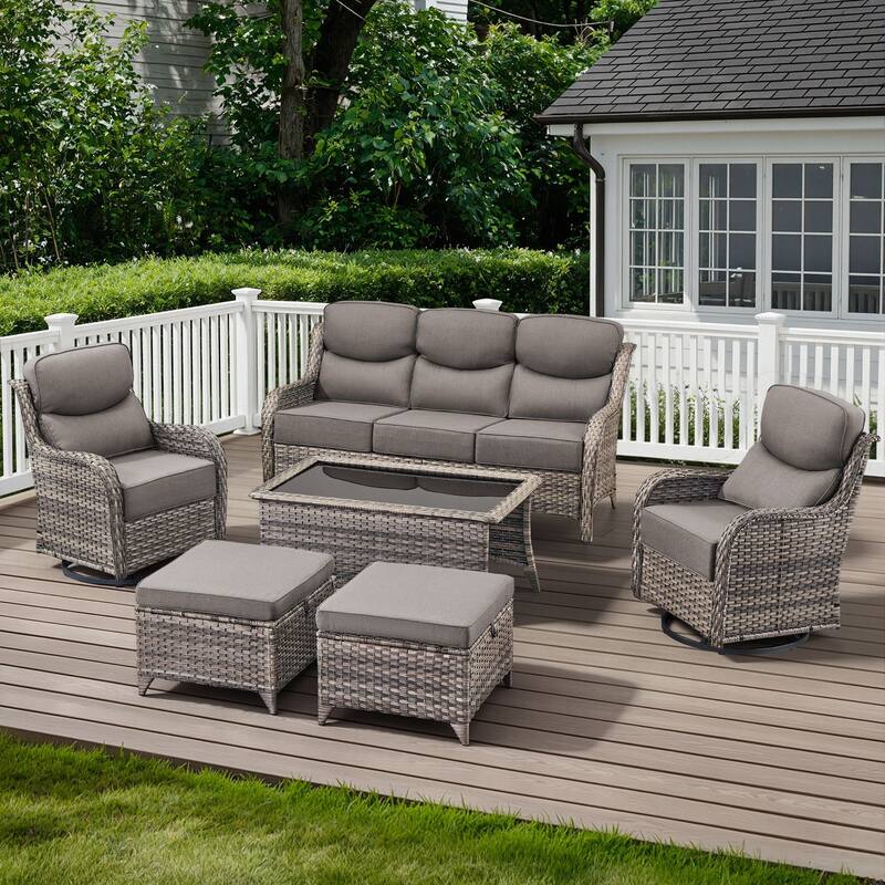 Arcadia 6-Piece Wicker Patio Conversation Set with Swivel Gliders and 6-Inch Thick Olefin Cushions