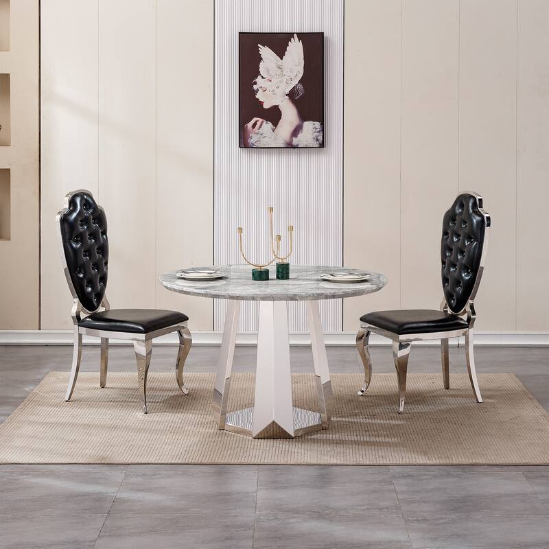 47" Round Dining Table with Faux Marble Tabletop and Stainless Steel Base - Gray+Silver