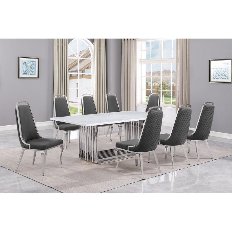 Best Quality Furniture D312/3-SC310-7 Dining Set with 79" White Marble Top - 9-Piece - Dark Grey / Silver