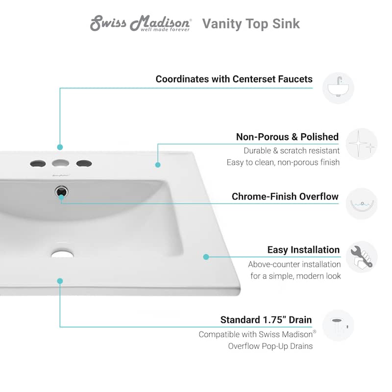 Swiss Madison Ceramic Vanity Top 24" with Single Faucet Hole