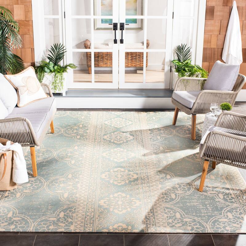 SAFAVIEH Beach House Belina Indoor/ Outdoor Waterproof Patio Backyard Rug - 5'3" x 7'6" - Cream/Aqua
