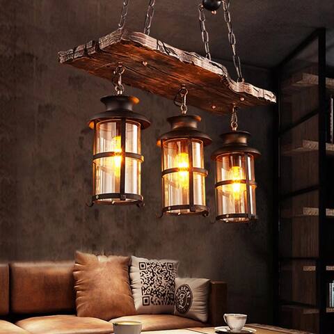Rustic Wood and Metal Three Light Hanging Lantern Chandelier - 39.37" x 26.77" x 4.33"
