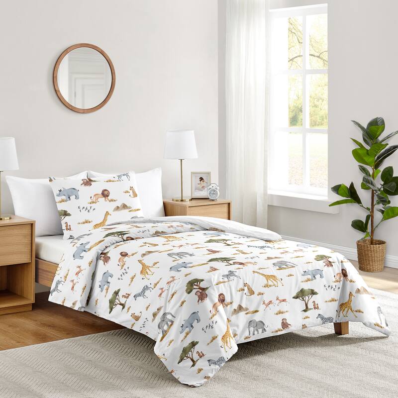 Jungle Animals 2pc Twin Comforter Set Hunter Green Yellow Grey Black and White Wildlife Safari Animal Elephant Giraffe Monkey