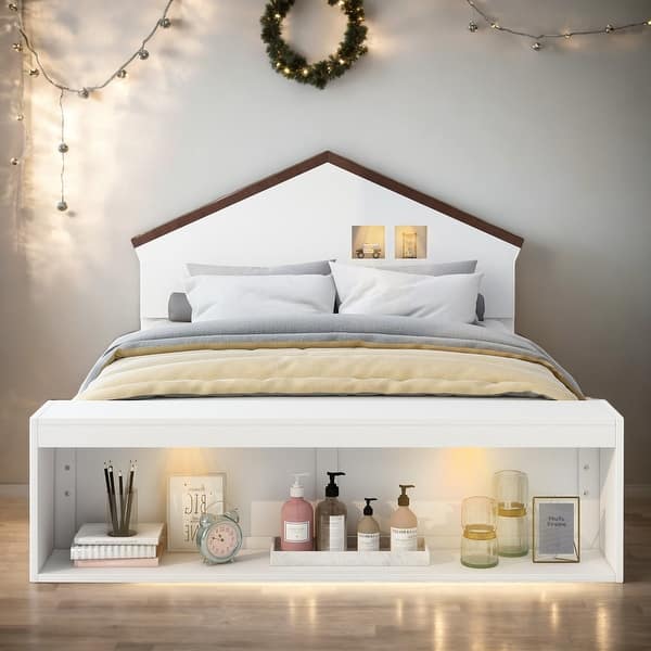slide 2 of 12, Full Size House Platform Bed with LED Lights and Storage White