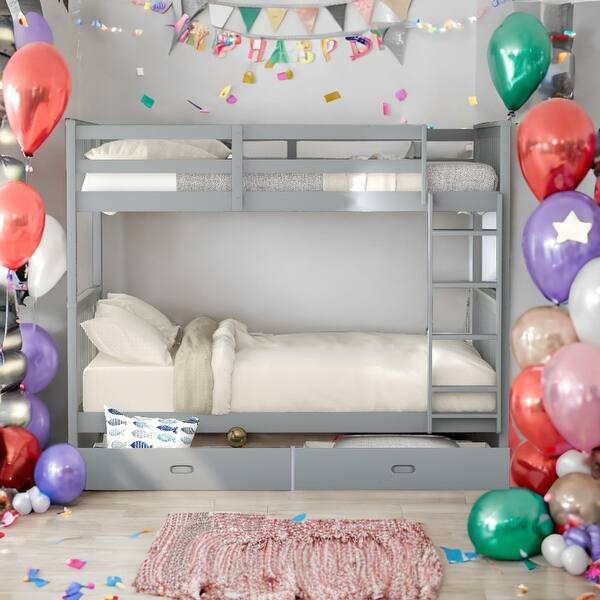 slide 2 of 18, American Classic Traditional Style Twin-Over-Twin Bunk Bed with Ladders and Two Storage Drawers Gray