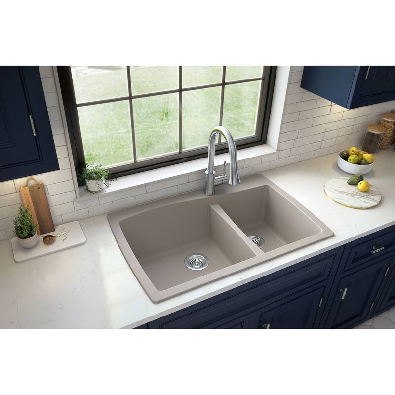 Karran Drop-In Quartz 34 in. Double Bowl 60/40 Kitchen Sink With Bottom Grids and Strainers