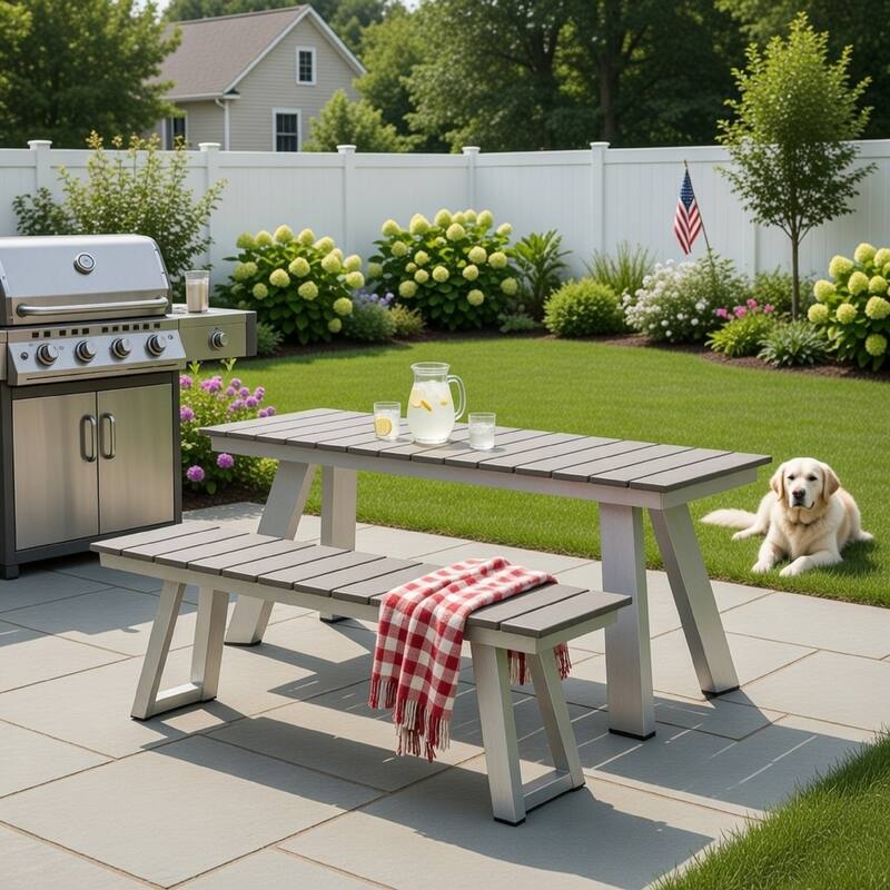 Zia 54 Inch Outdoor Dining Bench, Gray Polyresin Top, Gray Aluminum Frame