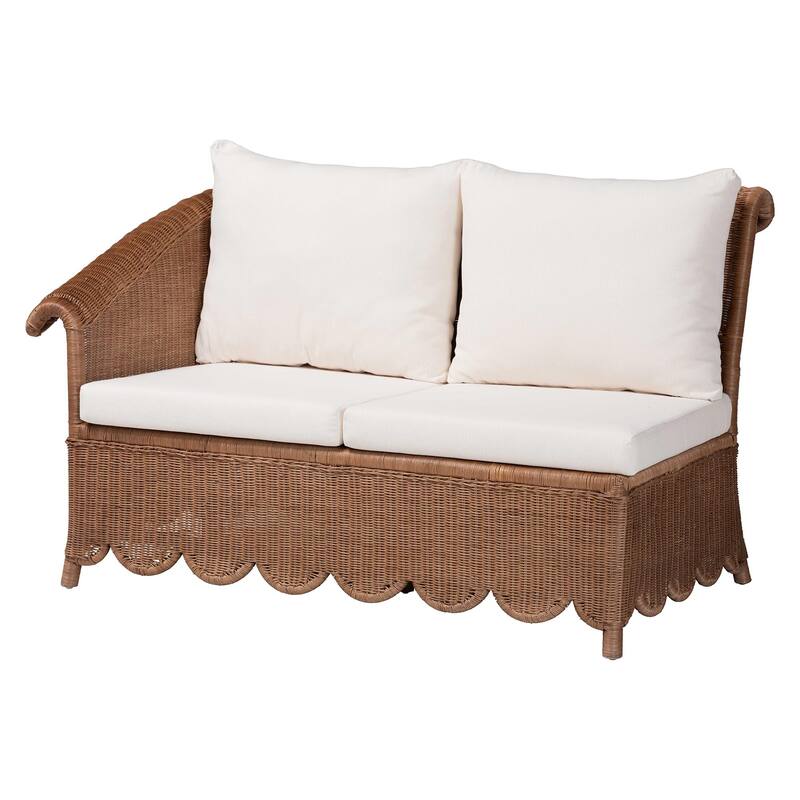 Detta Natural Rattan Sectional Set - Handwoven Wicker Corner Lounge Seating with Scalloped Skirt Base and Rolled Arms