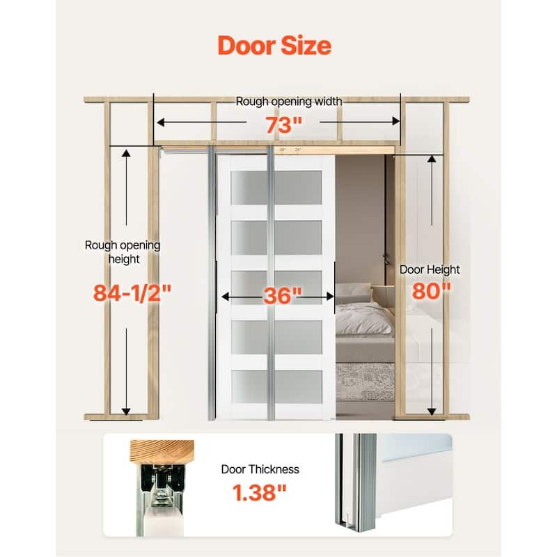 White Wood MDF Sliding Pocket Door with Frosted Glass Panels