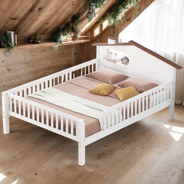 slide 2 of 23, Full Size Wood Platform Bed with House-Shaped Headboard, LED Light & Built-In Storage, White, for Kids & Teens White