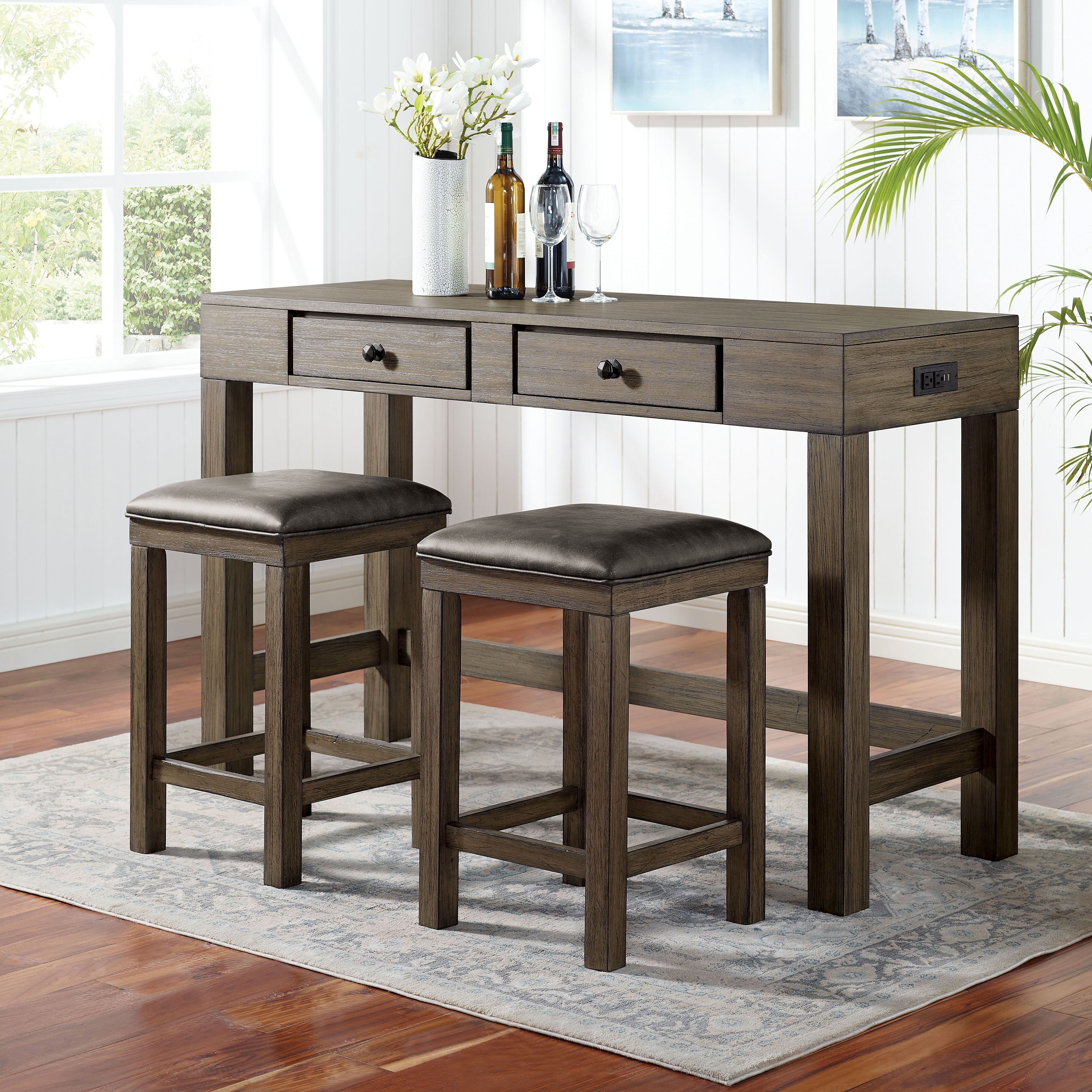 Furniture of America Naht Transitional Brown Wood 3-Piece Counter Height Dining Set with USB