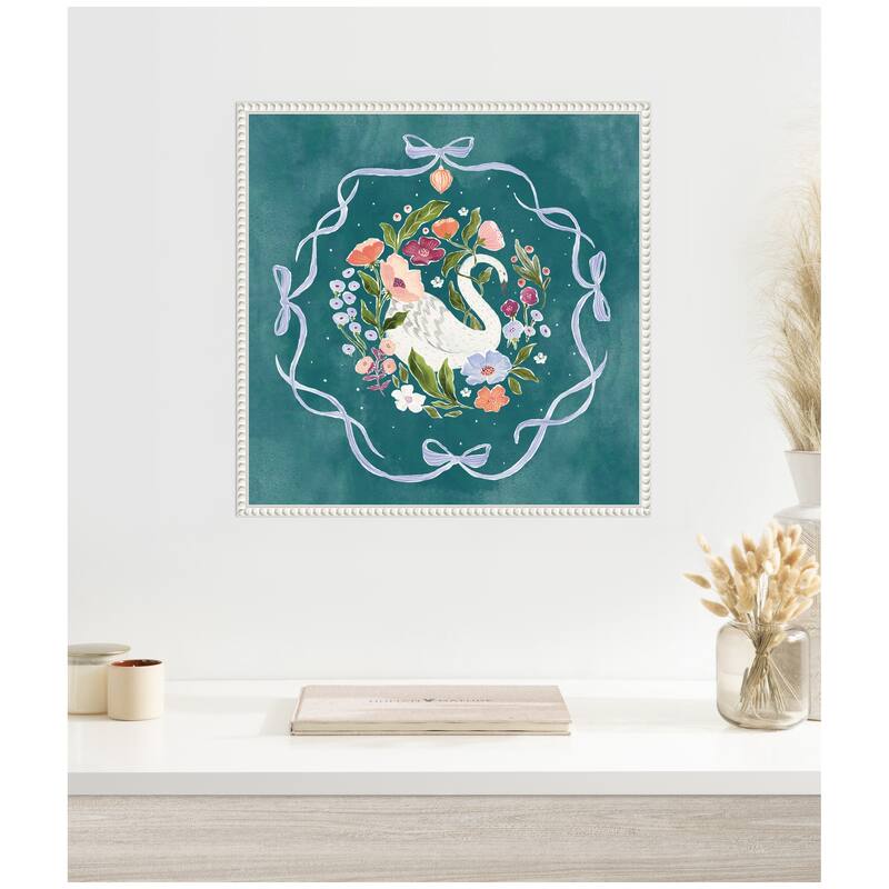 Kate and Laurel JL Swan Floral and Bows by Jill Labieniec Framed Canvas Wall Art Print