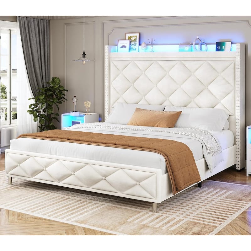 LED Bed Frame with 51.2" Tall Headboard Charging Station - Beige - King