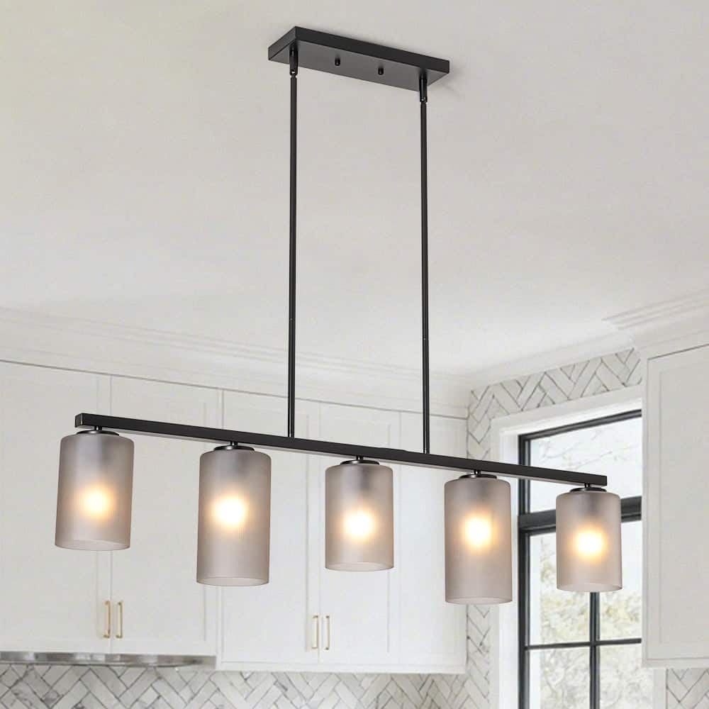 Modern Rustic 5-Light Frosted Ribbed Glass Linear Chandelier - 42.5 in
