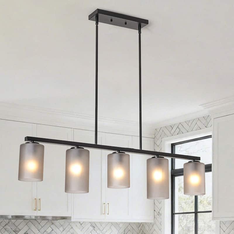 Modern Rustic 5-Light Frosted Ribbed Glass Linear Chandelier - 42.5 in
