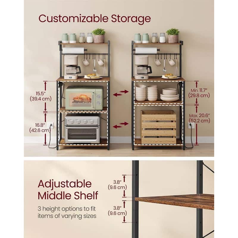 Steel Bakers Rack with Power Strip, Hooks and Adjustable Shelf - 15.7"D x 23.6"W x 55.1"H